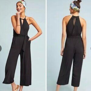 Anthropologie Maeve Black Halter Wide-Leg Jumpsuit Romper Belt Small Petite